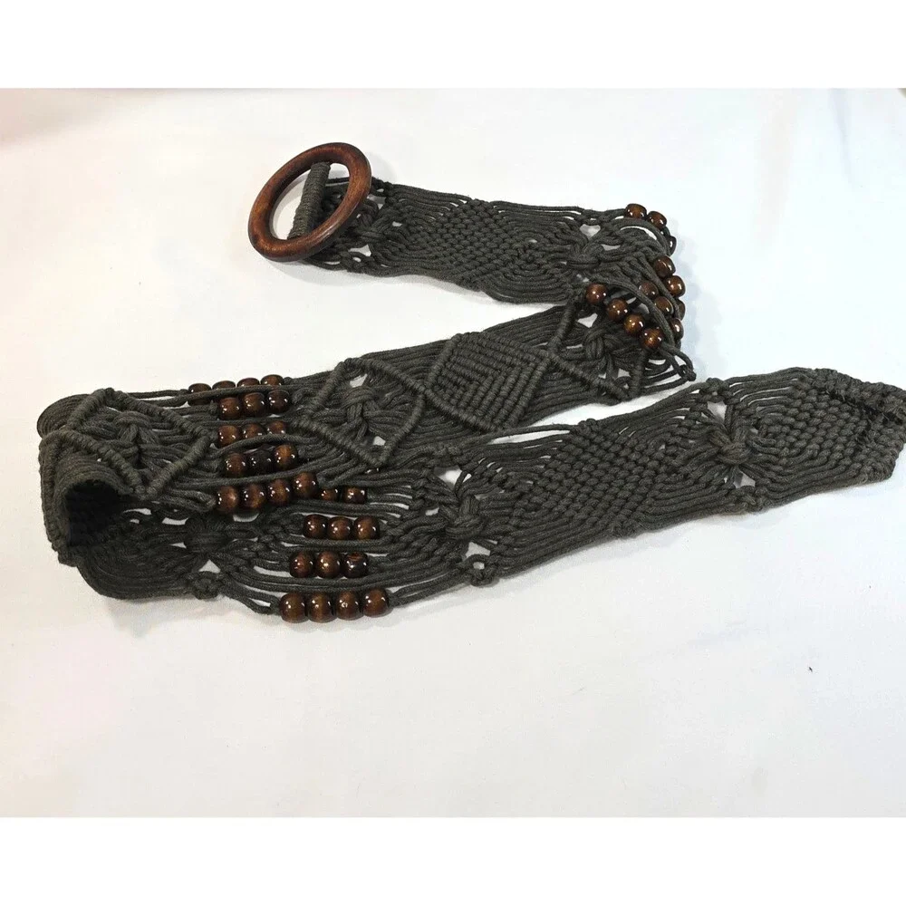 Women's Boho Macrame Rope Belt Brown with Wood Beads & Buckle Y2K